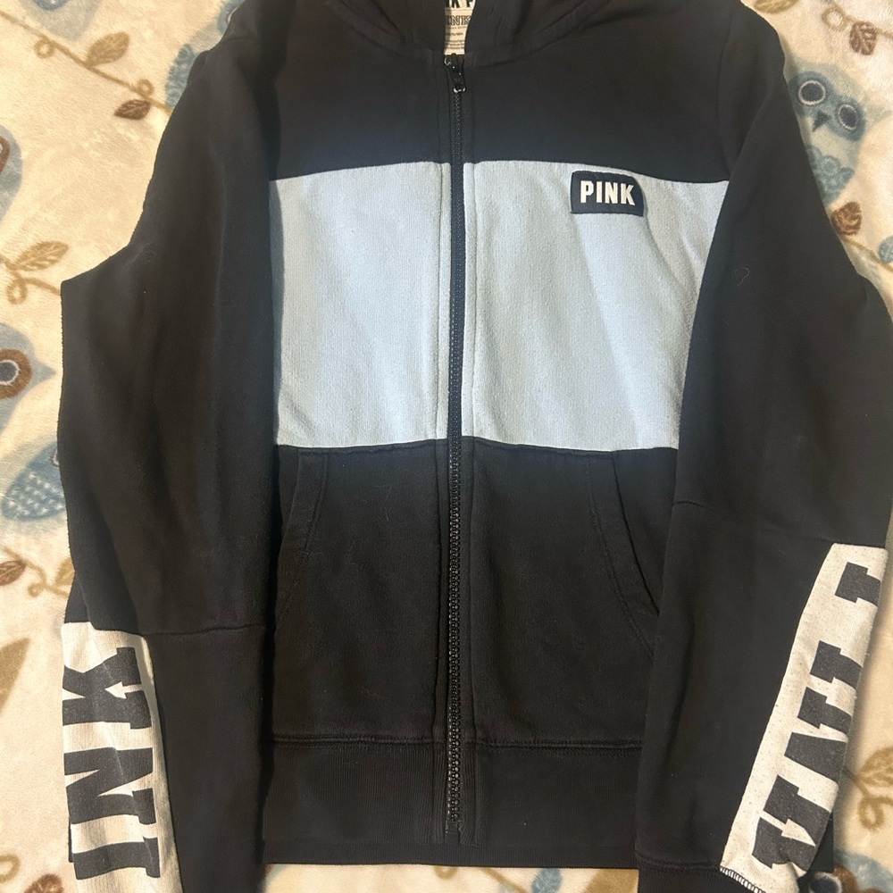 PINK Victoria's Secret Black and Light Blue Hoodie